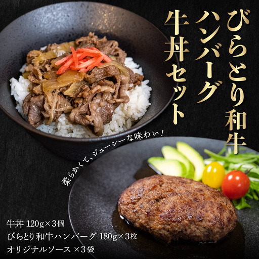 びらとり和牛ハンバーグ180ｇ3枚・牛丼120ｇ3個セット　オリジナルソース付 BRTB032