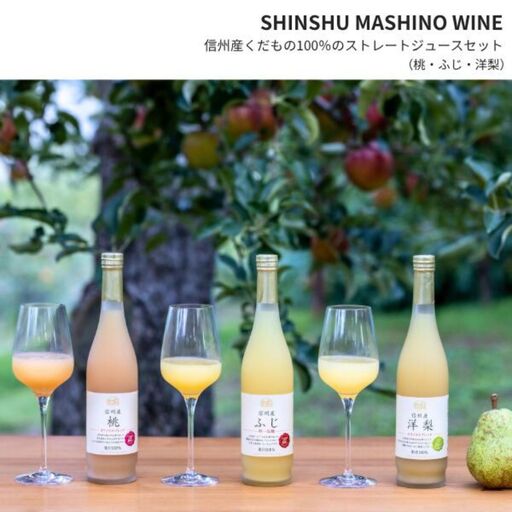 MW15 信州産 フルーツジュースセット（ふじ／桃／洋梨 500ml×3本）// 長野県 南信州 国産 ストレートジュース フジ  もも ピーチ 洋なし りんご リンゴ 果汁100％ 保存料不使用