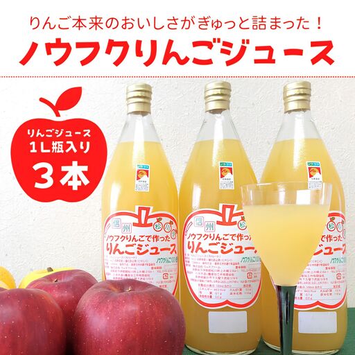 WF12　ノウフクりんごジュース 1ℓ×3本//長野県 南信州 松川町産 リンゴジュース 林檎 果汁飲料 ノウフクJAS 数量限定 農福連携 果汁100％ ストレートジュース