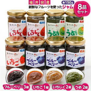 【福井県産】フルーツを使った ジャム 4種 合計8個（ブルーベリージャム3個 いちじくジャム2個 梅ジャム2個 苺ジャム1個） [m03-b013]