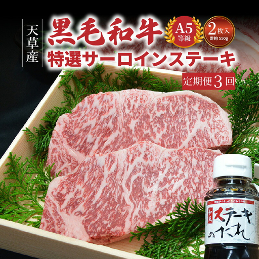 S001-015-T03_【定期便3回】天草産 黒毛和牛 A5等級 特選サーロインステーキ 2枚