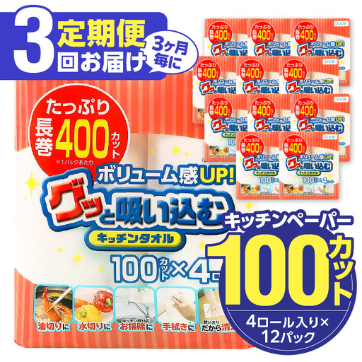 【3ヶ月毎に配送】キッチンタオル100カット（4ロール×12パック）3回お届け定期便 T10043