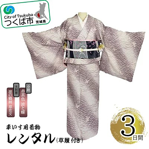 車いす用着物レンタル3日間[小紋:赤茶色 波と蝶 太鼓帯:紺色 波の鶴柄 草花文(草履付き)] 着物