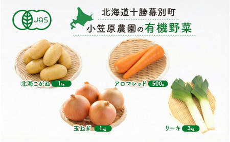 小笠原農園の有機野菜 4種詰合せ(北海こがね1kg・アロマレッド500g・玉ねぎ1kg・リーキ3kg)北海道 十勝 幕別[2026年秋出荷先行予約][ 野菜 芋 じゃがいも 人参 たまねぎ ネギ セット 野菜セット ]