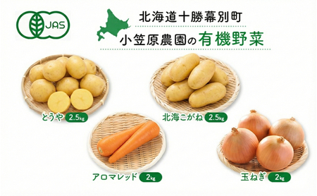 小笠原農園の有機野菜 4種詰合せ(とうや2.5kg・北海こがね2.5kg・にんじん2kg・玉ねぎ2kg)北海道 十勝 幕別[2026年秋出荷先行予約][ 野菜 芋 じゃがいも 人参 たまねぎ セット 野菜セット ]