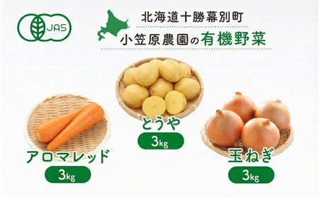 小笠原農園の有機野菜 3種詰合せ(とうや3kg・にんじん3kg・玉ねぎ3kg)北海道 十勝 幕別[2026年秋出荷先行予約][ 野菜 芋 じゃがいも にんじん 人参 玉ねぎ たまねぎ セット 野菜セット ]