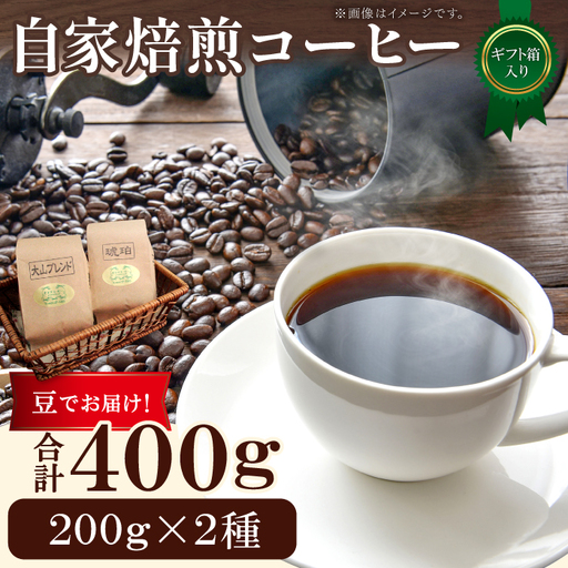 自家焙煎コーヒー（豆）ギフト箱入り　400g（200g×2種）【大山ブレンド 琥珀ブレンド コーヒー 珈琲 自家 焙煎 飲み比べ 400g 豆 コーヒー豆 ギフト 贈答 箱入り プレゼント 飲料 鳥取 日吉津村】