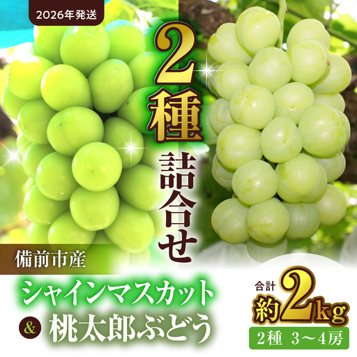 【2026年発送】備前市産シャインマスカット 桃太郎ぶどう 詰合せ 約2kg （2種 3～4房）（9月初旬～9月中旬頃発送）【 シャインマスカット ぶどう 】