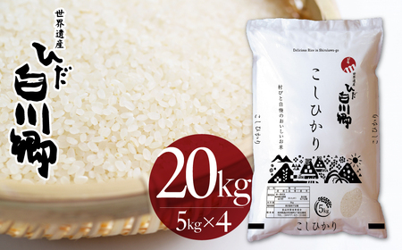白川郷こしひかり 20kg(5kg×4) 白川村産 コシヒカリ 20キロ 常温 こめ コメ 新生活 応援 こだわりの お米 精米 ごはん ご飯 岐阜県 飛騨 高山米穀 45000円[S750]