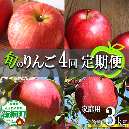 旬のりんご 【 定期便 】 家庭用 3kg × 4回 ファームたんぽぽ 沖縄県への配送不可 2026年9月上旬頃から2026年12月中旬頃まで順次発送予定 令和8年度収穫分 信州 果物 フルーツ リンゴ 林檎 長野 予約 農家直送 長野県 飯綱町 [1822]
