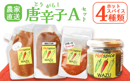国産 唐辛子 4種セットA（青柚子胡椒／一味(鷹の爪)／青唐辛子味噌／にんにく味噌） / 調味料 スパイス 唐辛子 綾部市 / WAZUファーム［BSAF001］