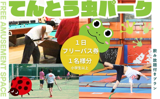てんとう虫パーク 河内長野店 1日フリーパスご招待券(小学生以上1名様分) トランポリン クライミング バドミントン カラオケ ゲーム テニス 卓球 遊び放題 ソフトドリンク 飲み放題 屋内施設 レジャー 体験型チケット デート グループ 遊び 子ども てんむし てん虫 フットサル バスケ バレー バスケット
