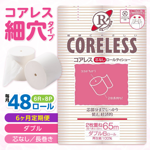 【全6回定期便】【細穴タイプ】トイレットペーパー ダブル 長巻き 65m 6ロール×8パック エコ コアレス [VAA044]