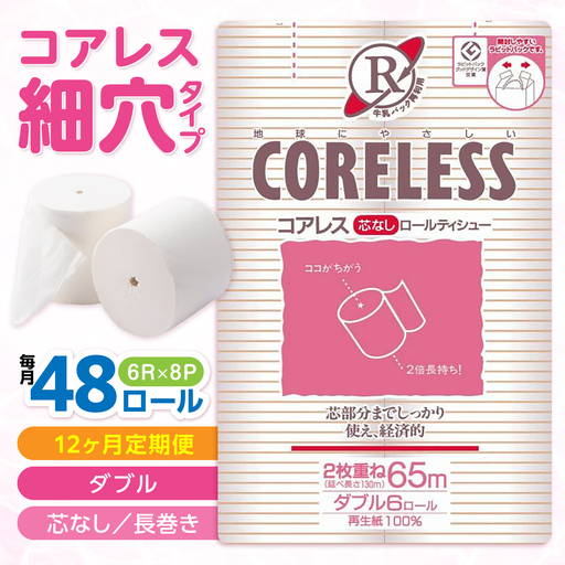 【全12回定期便】【細穴タイプ】トイレットペーパー ダブル 長巻き 65m 6ロール×8パック エコ コアレス [VAA045]