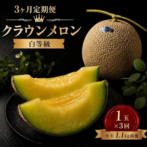 【3ヶ月定期便】クラウンメロン 白等級 1.1kg前後 1玉入り 