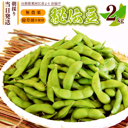 枝豆 秘伝豆 2kg[無農薬 除草剤不使用]山形県産 2026年産 令和8年産[2026年9月下旬から10月中旬頃]※ 配送不可 沖縄・離島