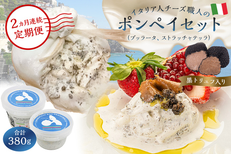 [定期便]ポンペイセット 2種(ブッラータ(黒トリュフ入り) Burrata al Tartufo 180g、ストラッチャテッラ(黒トリュフ入り) Stracciatella al Tartufo 200g)(2カ月連続お届け) [0073-066]
