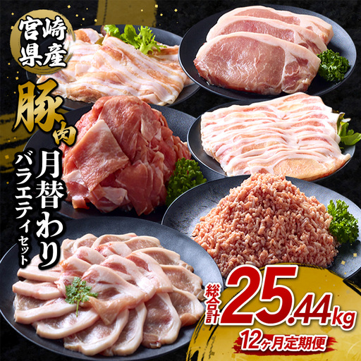 【12ヶ月定期便】宮崎県産 いもこ豚 月替わり定期便 25.44kg 12回 毎月 お楽しみ 満喫 満足 堪能 セット しゃぶしゃぶ 切り落とし 小分け 真空パック 豚 豚バラ ロース 肩ロース スライス 小間切れ 豚丼 しょうが焼き 国産 九州産 宮崎 ブランド 冷凍 送料無料