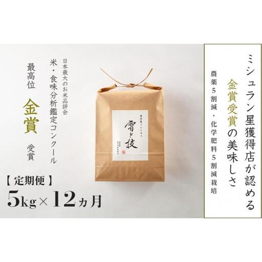 ≪ 令和7年産 ≫【 定期便 】 5kg × 12ヶ月 金賞受賞 魚沼産コシヒカリ 雪と技　農薬5割減・化学肥料5割減栽培