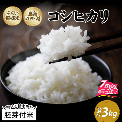 【胚芽付米】令和8年産 新米  ふくい東郷米 特別栽培米 農薬70％減 コシヒカリ 3kg[A-020018_03]