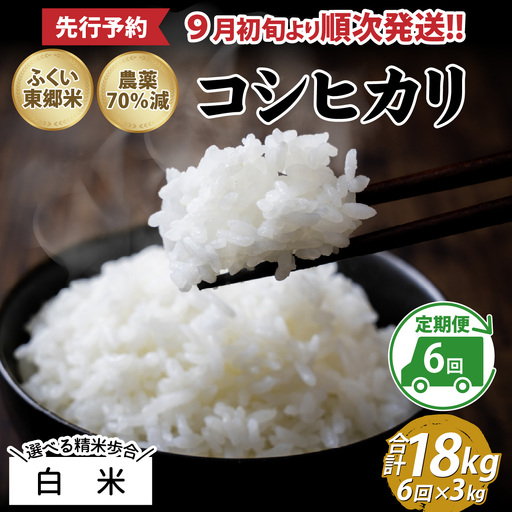【先行予約】【白米】【定期便6ヶ月連続】令和8年産 新米 ふくい東郷米 特別栽培米 農薬70％減 コシヒカリ 3kg×6ヶ月 合計18kg[E-020022_01]