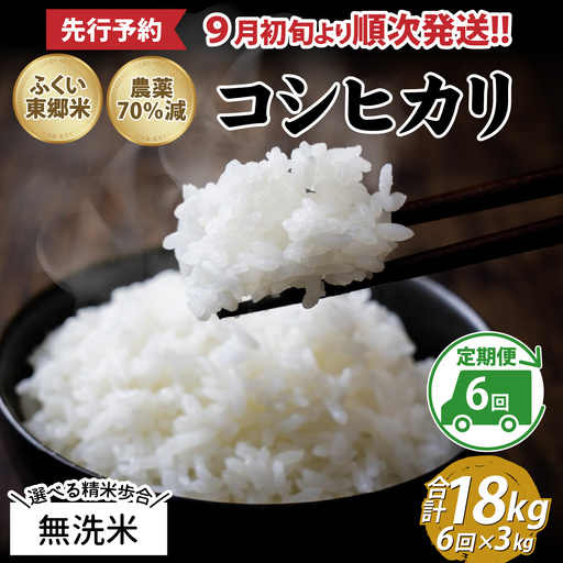 【先行予約】【無洗米】【定期便6ヶ月連続】令和8年産 新米 ふくい東郷米 特別栽培米 農薬70％減 コシヒカリ 3kg×6ヶ月 合計18kg[E-020022_04]