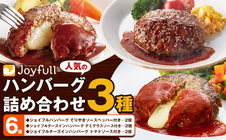 ジョイフルハンバーグ 人気の詰め合わせ 6個 生ハンバーグ チーズインハンバーグ 1個120g ソース付き 食べ比べ 3種類 セット [30日以内に出荷予定(土日祝除く)] 牛肉 ジョイフル 焼くだけ 惣菜 おかず 冷凍 送料無料