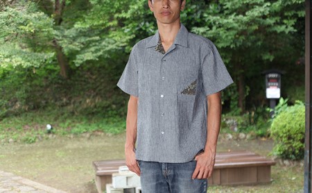 島田帯シャツ 近江ちぢみ グレー メンズ 島田帯シャツ【Mサイズ】