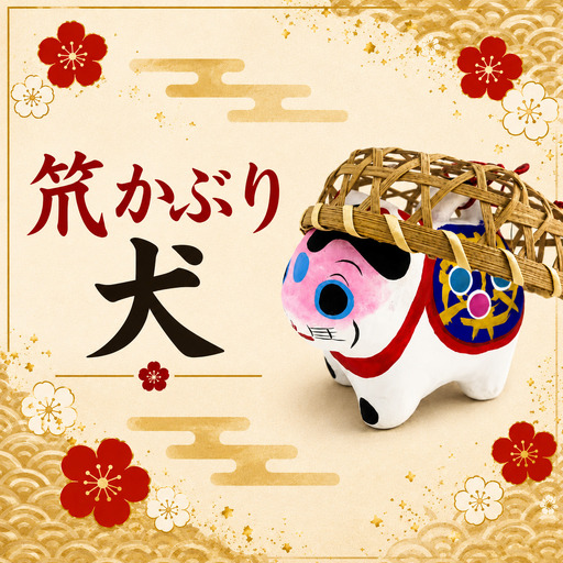 犬張り子（中） B：ざるかぶり犬張り子 | 犬 いぬ 張り子 竹ザル 雑貨 和雑貨 和小物 伝統 民芸品 工芸品 埼玉県 越谷市
