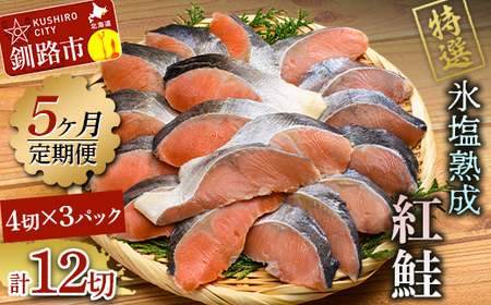 【5ヶ月連続定期便】マルア阿部商店特選 氷塩熟成 紅鮭切身 12切(4枚入×3袋) 定期便 鮭 サケ 紅鮭 おかず 魚 魚介 海鮮 シャケ 切り身 F4F-8092