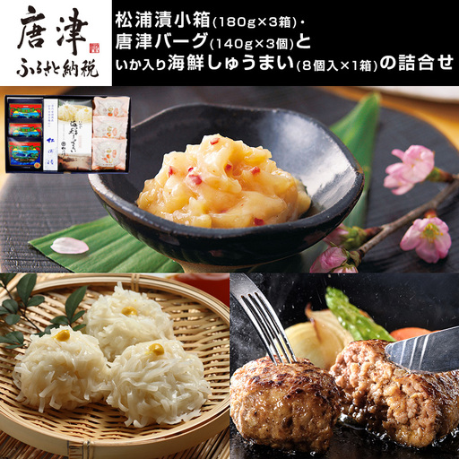 松浦漬小箱(180g×3箱)・唐津バーグ(140g×3個)・いか入り海鮮しゅうまい(8個入×1箱)・の詰合せ