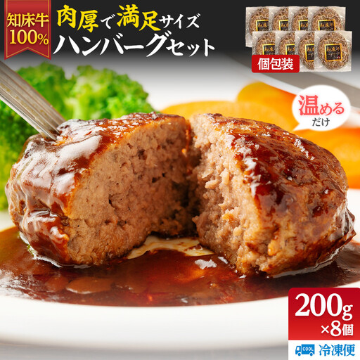 知床牛100%ハンバーグステーキセット 8個入り  北海道 道産牛 牛肉 冷凍 簡単調理 ボイル 湯煎 レトルト お弁当 おかず 温めるだけ 生産者 支援 応援