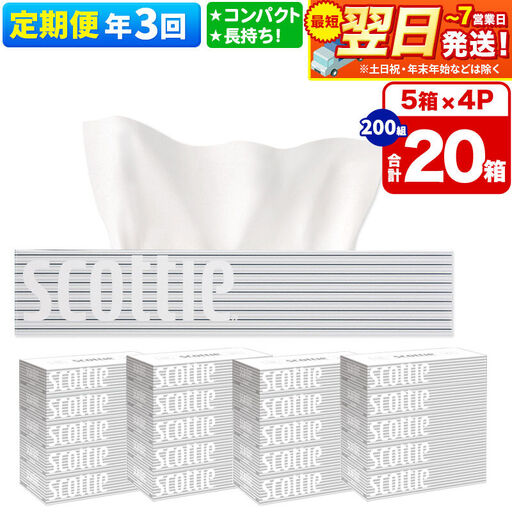 《4ヶ月ごとに3回お届け》定期便 ティッシュペーパー スコッティ 200組 20箱(5箱×4パック) ティッシュ 秋田市オリジナル 最短翌日発送