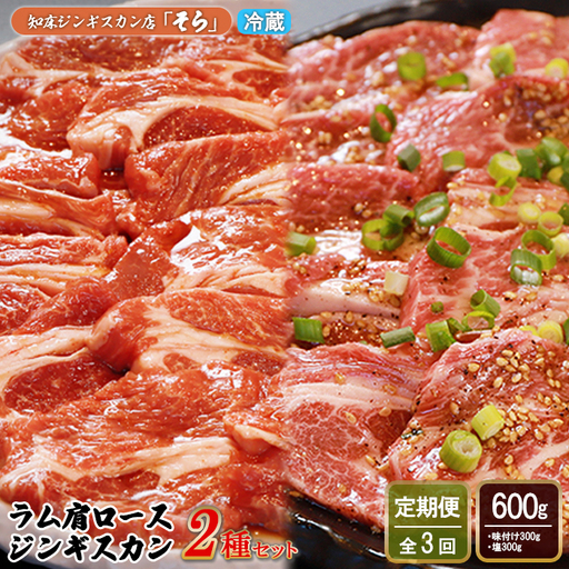 【定期便：全3回】知床ジンギスカン店「そら」ラム肩ロースジンギスカン2種セット 計600g（味付け×300g・塩×300g）【1601101】