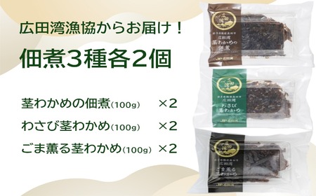 広田湾漁協からお届け！佃煮3種各2個セット 〈 茎わかめ佃煮 / わさび茎わかめ佃煮 / ごま薫る茎わかめ佃煮 〉RT2254