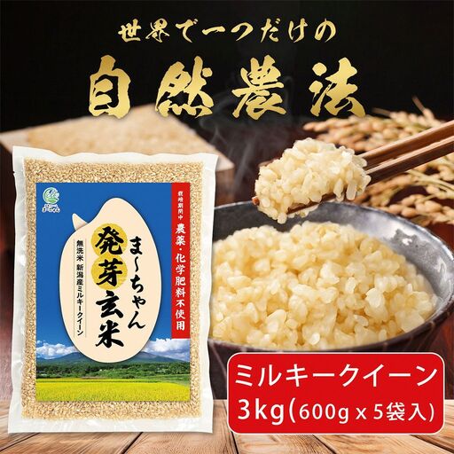 先行予約 無農薬 発芽玄米 ミルキークイーン 3kg(600gx5袋) 無洗米