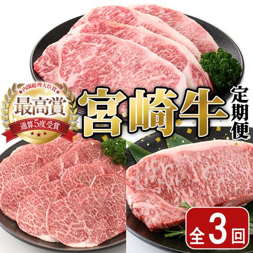 ＜全3回・定期便＞宮崎牛定期便(ロースステーキ・600g、肩焼肉・400g、ワンポンドステーキ・454g)A4 A5  国産 牛肉 精肉 宮崎県産 お肉 黒毛和牛 お取り寄せ 焼き肉 ステーキ【SJ010】【日本ハムマーケティング株式会社】