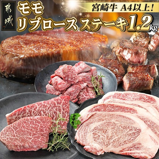 宮崎牛モモ・リブロースステーキ1.2kgセット〔AD-2510〕_(都城市) 都城産 宮崎牛 モモ 100g サイコロステーキ 200g リブロースステーキ 300g 塩こしょう ステーキソース付