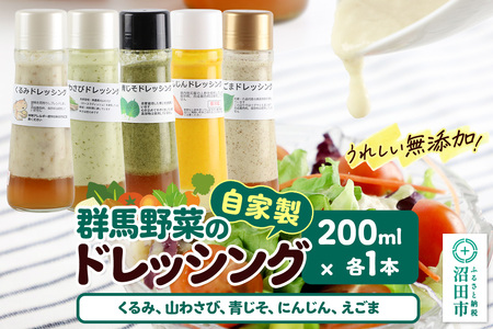 自家製・群馬産野菜で手作りドレッシング(くるみ、山わさび、青じそ、にんじん、えごま)200ml×各1本 泙川食品