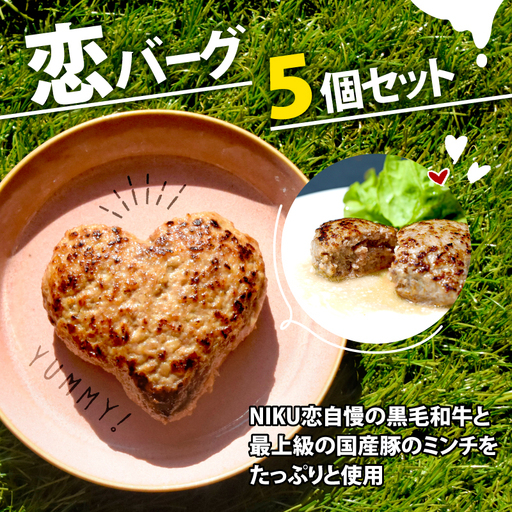 恋バーグ(ハートの形のハンバーグ)5個セット 150g×5 計750g 国産黒毛和牛 国産豚 合い挽きハンバーグ ジューシー 時短調理 簡単調理 ギフトに最適 お肉たっぷり 旨味たっぷり 厳選肉 おつまみ 絶品 お弁当に お取り寄せ 肉汁 冷凍ハンバーグ