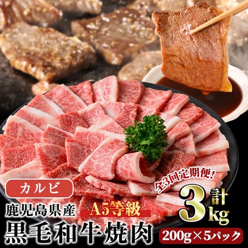 ＜定期便・全3回＞ A5等級 鹿児島県産 黒毛和牛 カルビ 焼肉 (計3kg・200g×5パック×3回) 【LRプラスK】T23-v01
