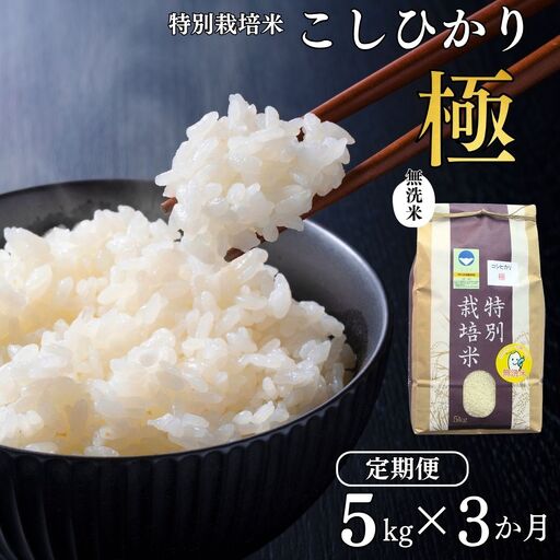 [定期便 5kg×3ヶ月] 県認証 特別栽培米 コシヒカリ 「極」 合計15kg 無洗米 令和8年産米 一等米 こしひかり 新潟県認証 白米