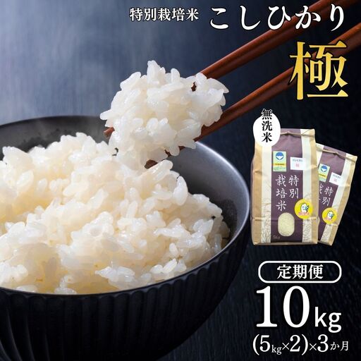 [定期便 10kg(5kg×2)×3ヶ月] 県認証 特別栽培米 コシヒカリ 「極」 合計30kg 無洗米 令和8年産米 一等米 こしひかり 新潟県認証 白米