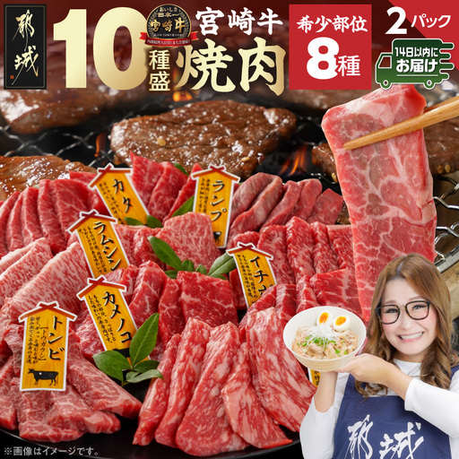 宮崎牛食べ比べ10種盛り焼肉セット(各600g×2P)≪みやこんじょ快速便≫〔34-31-003-1200g-R〕_(都城市) 宮崎県産 宮崎牛 A4ランク 焼肉 セット 内モモ カタ トンビ ランプ ラムシン マルシン カメノコ イチボ マルカワ ミスジorトモサンカク 10種類 贈答用 14日以内にお届け