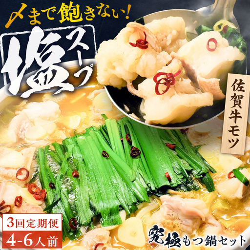 【全3回定期便】こだわり佐賀牛100% もつ鍋セット 1kg(250g×4) 4~6人前 スープ・ちゃんぽん麺付 [FCJ101]
