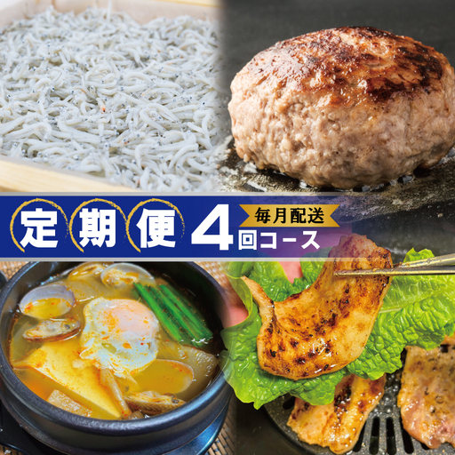 店主セレクト 食べ比べ 定期便 全4回(ハンバーグ/しらす/スンドゥブチゲ/サムギョプサル)[毎月配送コース]