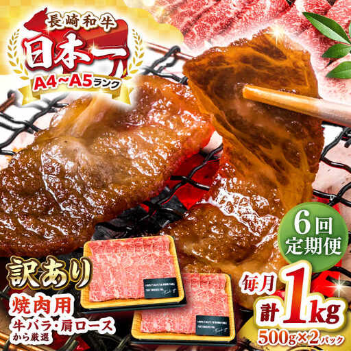 【全6回定期便】【訳あり】【A4～A5ランク】長崎和牛 焼肉切り落とし 1kg（500g×2パック）(肩ロース・バラ）《壱岐市》【株式会社MEAT PLUS】 肉 牛肉 黒毛和牛 焼き肉 焼肉 焼肉用 ギフト 贈答用 冷凍配送 A4 A5 [JGH121]