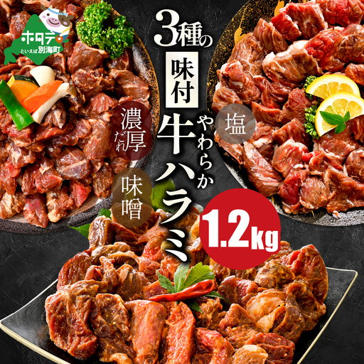 【ふるなび限定】北海道 別海町 3種 の 味付け 牛ハラミ 1.2kg( 塩・味噌・醤油)【NS0000KO0】