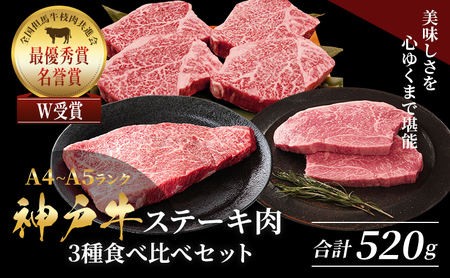 神戸牛 ステーキ ロース ヒレ もも 3種食べ比べ Dセット 計5枚(520g)