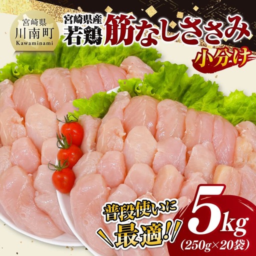 宮崎県産若鶏筋なしささみ5kg(250g×20) 真空 国産 鶏肉 ササミ 小分け